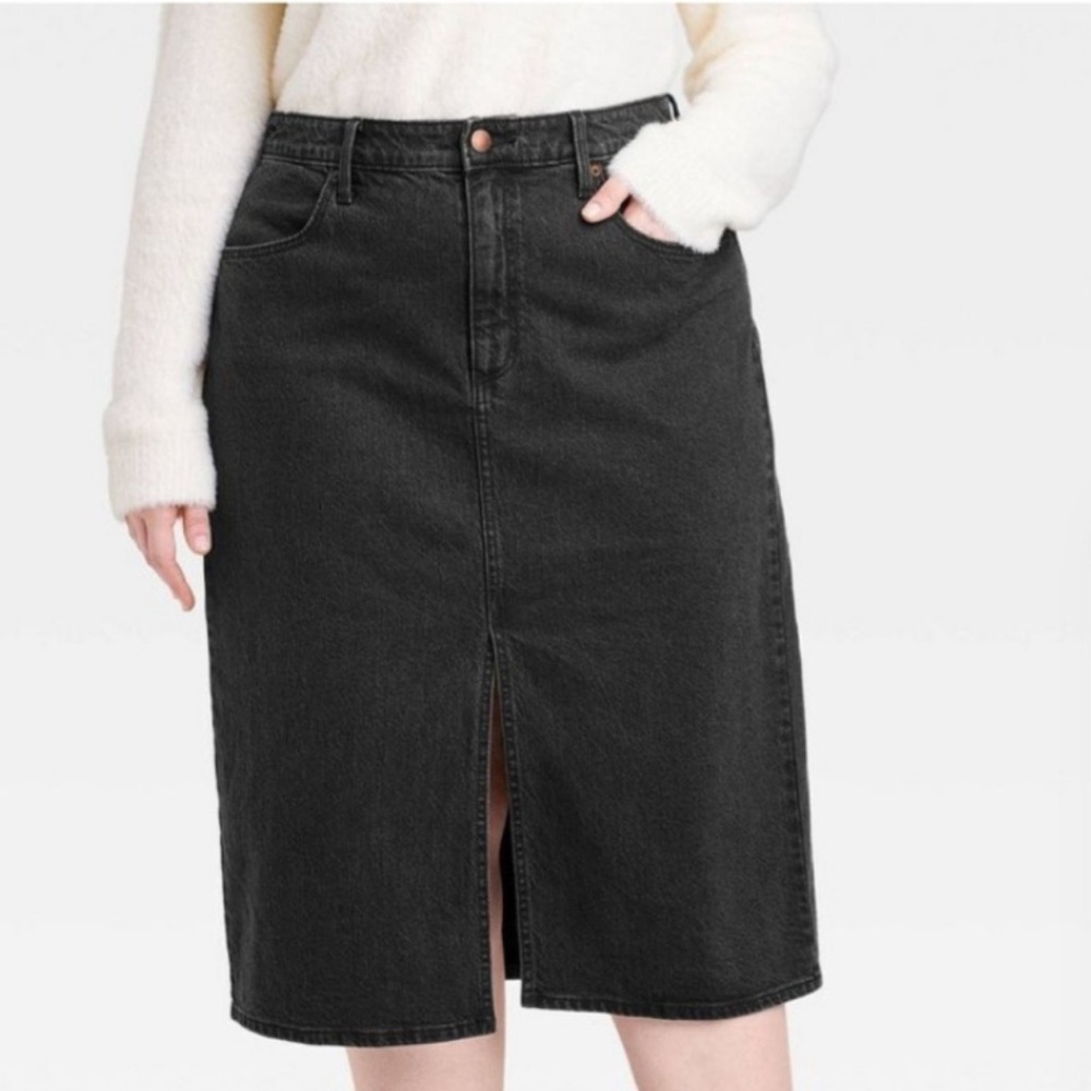 Universal Thread Classic Black Denim Midi Skirt with Front Slit 26 NWT